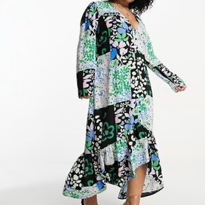 ASOS Patchwork Floral V-Neck Maxi Dress - Green & Blue